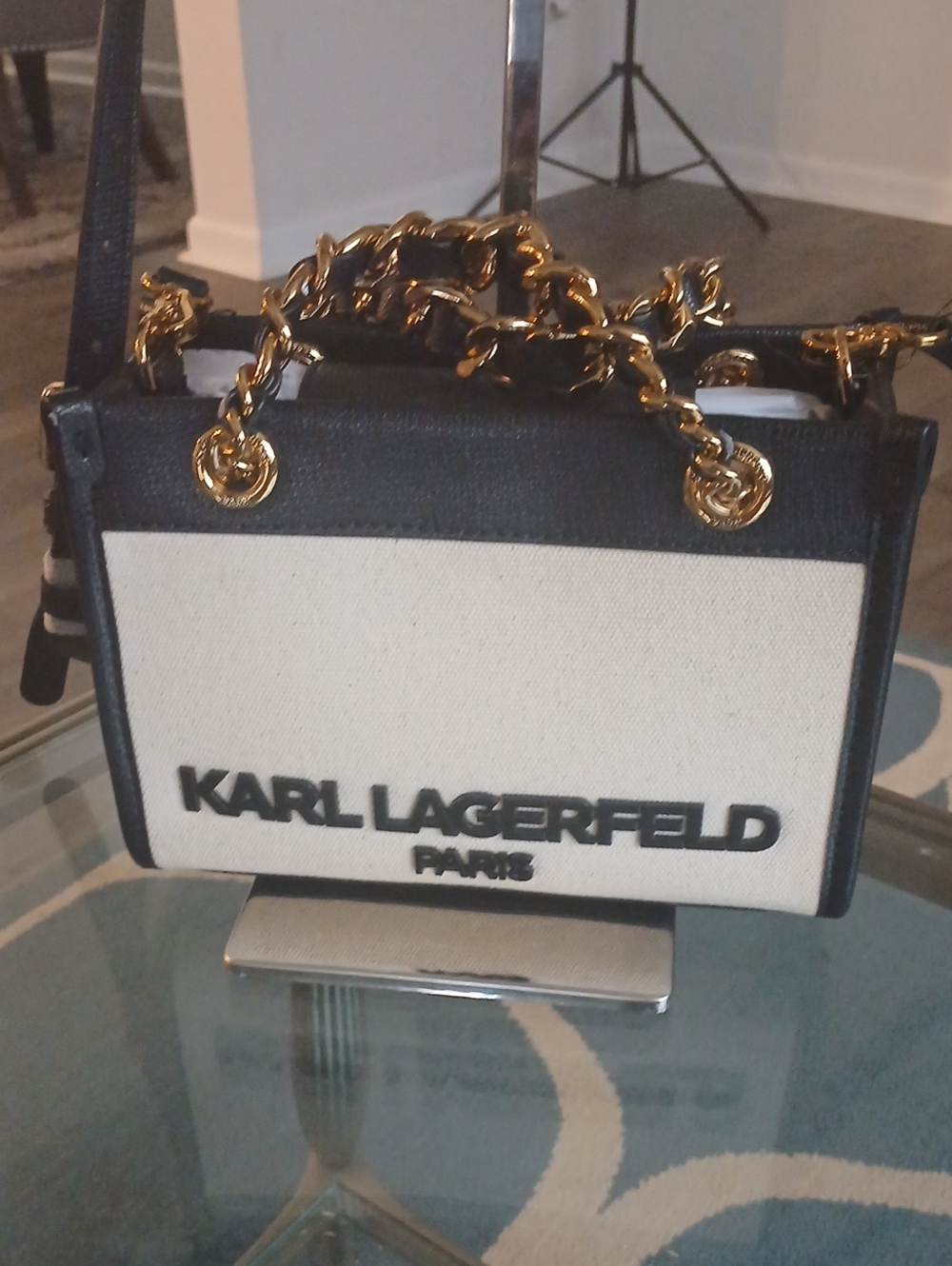 Karl Lagerfeld Black & Cream Canvas Satchel with Gold Chain Handles - Picture 2 of 6